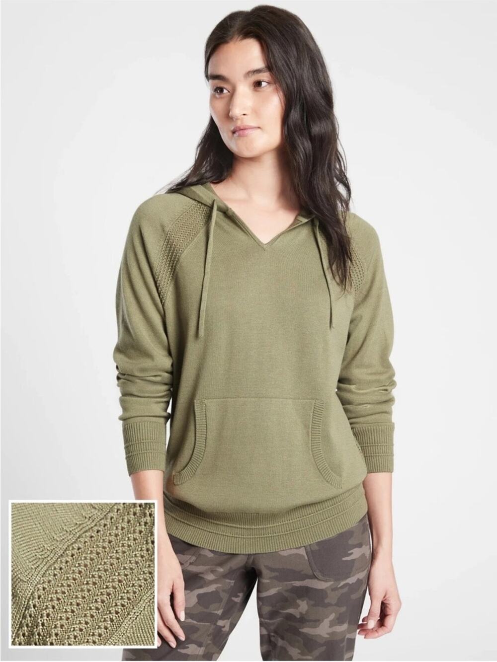 Athleta Evergreen Hoodie Sweater Pullover Shadow Olive Green Knit Size Medium